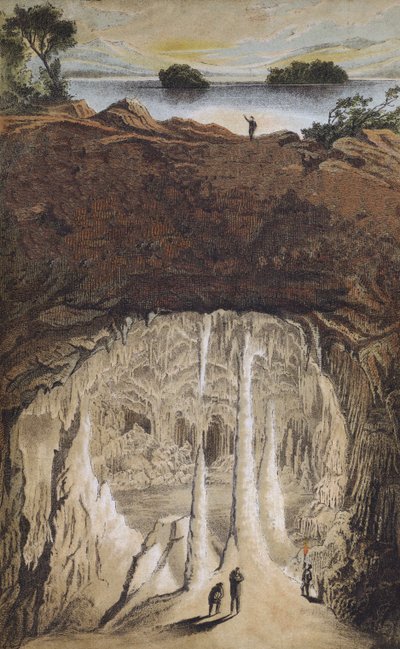 Stalaktiitit ja stalagmiitit luolassa (väri litho) tekijältä German School