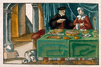 Ateriapöytä, saksalaisesta käsikirjoituksesta, n. 1650 (käsinvärinen kaiverrus) tekijältä German School