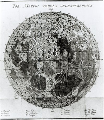 Kuun pinta, kuvitus Johann Hieronymus Schroeterin Selenotopographische Fragmentesta, julkaistu vuonna 1791 tekijältä German School