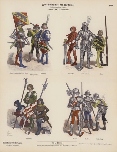 Sveitsiläiset sotilasasut 1400-luvulta (värillinen kaiverrus) tekijältä German School