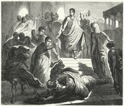 Tarquinius Superbus murhaa anoppinsa Servius Tulluksen saadakseen Rooman valtaistuimen (kaiverrus) tekijältä German School