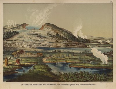 Te Tarata (valkoinen terassi), geoterminen piidioksidisintrauskerros Rotomahana-järven rannalla, Uusi-Seelanti (väri litho) tekijältä German School