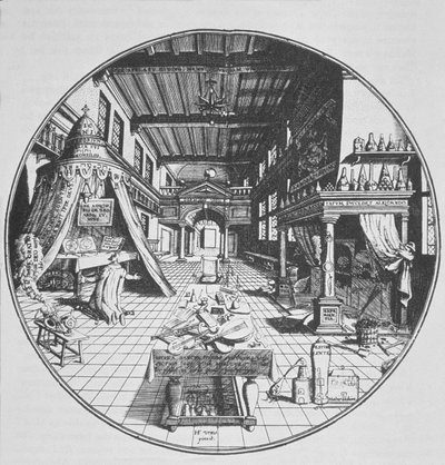 Alkemisti laboratoriossa, Amphitheatrum Aeternae Sapientiaesta, Heinrich Kunrathin (1609), kuvitettu 1800-luvun lopulla julkaistussa taikuuden historiassa tekijältä German School