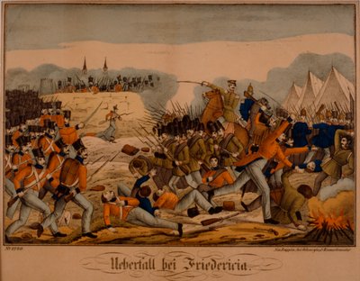 Frederician taistelu ensimmäisen Schleswig-sodan aikana, 6. heinäkuuta 1849, Neuruppiner Bilderbogen, julkaisija Oehmigke & Riemschneider, noin 1850 tekijältä German School