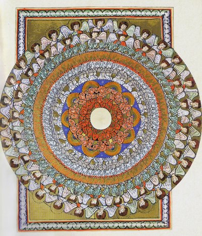 Enkelien kuoro. Miniatyyri Liber Sciviasta, Hildegard of Bingen, n. 1175 (akvarelli pergamentille) tekijältä German School
