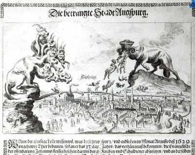 Augsburgin kaupunki pakotettiin hyväksymään katolisen vallan vuonna 1629 (kaiverrus) (bw kuva) tekijältä German School