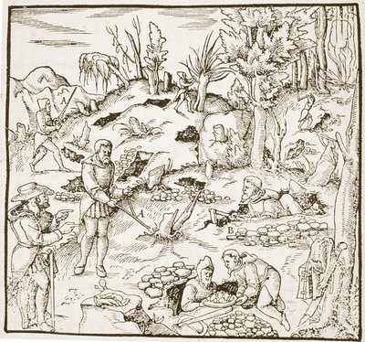 ennustussauva, Bergwerk Buch, Georg Agricola, Frankfurt 1580, kuvitettu 1800-luvun lopulla julkaistussa Taikuuden historiassa tekijältä German School