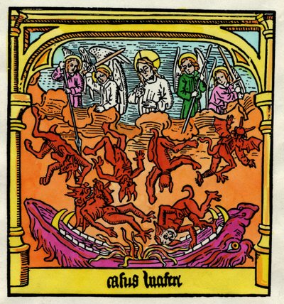 Luciferin lankeemus ja kapinallisten enkelit, kuvitus kopiosta "Biblia Pauperum" tekijältä German School