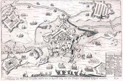Canischan linnoitus, jota kristityt piirittivät turhaan vuonna 1664, Paul Furstin (n. 1605-1666) kaiverruksen kuvitus kirjasta ottomaanien sotatoimista Euroopassa (kaiverrus) tekijältä German School