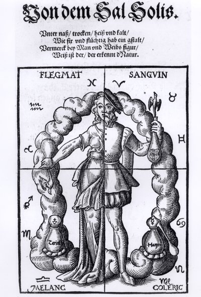 Neljä huumoria, Leonhart Thurneisser zun Thurnin (1531-956) Quinta Essentiasta, julkaistu Leipzigissä, 1574 tekijältä German School