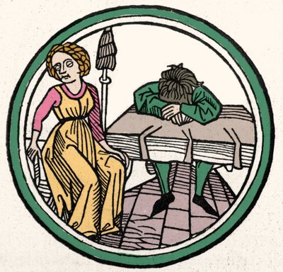Neljä luonnetta: Melankolinen (surullinen ja masentunut) ksylografia, Augsburg 1480 tekijältä German School