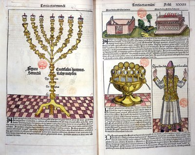 Menora ja heprealainen pappi, Hartmann Schedelin (1440-1514) Nürnbergin kronikasta 1493 (värillinen puupiirros) tekijältä German School