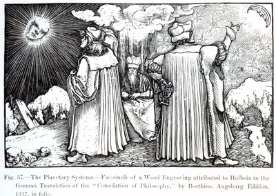 The Planetary Systems, teoksesta The Consolation of Philosophy by Boethius, julkaistu vuonna 1537, kuvitus tieteestä ja kirjallisuudesta keskiajalla ja renessanssilla, kirjoittanut ja kaivertanut Paul Lacr tekijältä German School