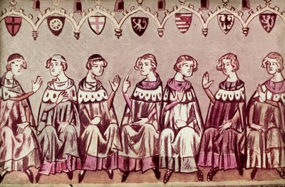 Seitsemän prinssin vaaliruhtinasta valitsivat Henry VII:n, Pyhän Rooman keisarin, kuva Henrik VII:n kronikasta (Balduineum) 1341 (muste ja väri om vellum) tekijältä German School