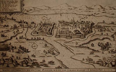 Turkkilaisten Zolnockin piiritys vuonna 1552, kuvitus kirjasta ottomaanien taisteluista Euroopassa, kaiverrettu Paul Furst (n. 1605-66) (kaiverrus) tekijältä German School