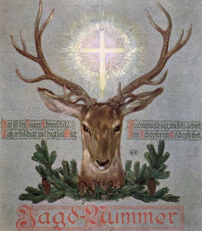 St. Hubertin polttare (655-727), kansikuva metsästyslehdestä, 1908 tekijältä German School