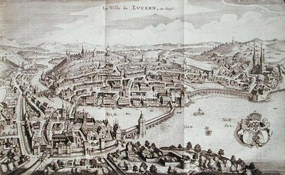 Luzernin kaupunki, Sveitsi, Johann Jacob Scheuchzerin Itinera Alpinasta, julkaistu 1706 (kaiverrus) tekijältä German School