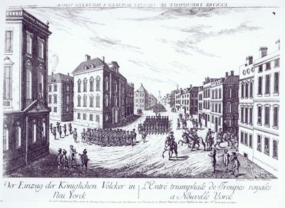Kuninkaallisten joukkojen voittoisa saapuminen New Yorkiin, 1776, kaiverrus Francois Xavier Habermann tekijältä German School