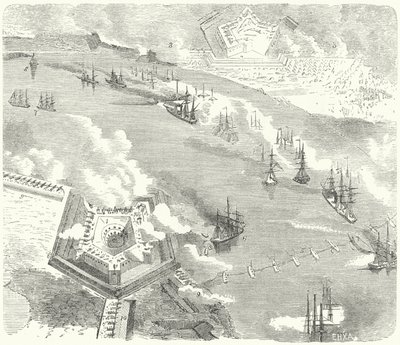 Unionin laivasto hyökkää Fort Jacksoniin ja Fort St Philipiin Louisianassa, Amerikan sisällissota, 1862 tekijältä German School