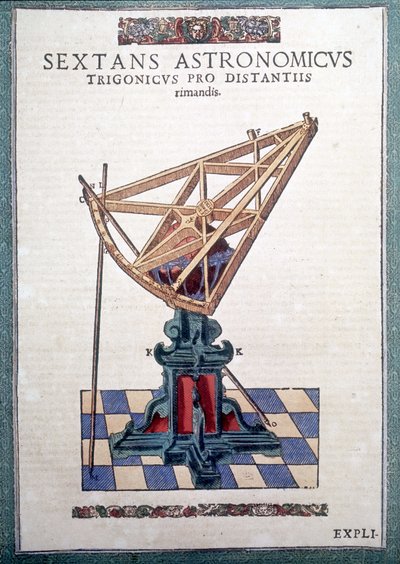 Tähtitieteellinen sekstantti Tycho Brahen (1546 - 1601), Wandsbeckin teoksessa "The Mechanism of Astronomy" tekijältä German School