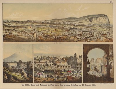 Arica ja Arequipa kaupungit Perussa suuren maanjäristyksen jälkeen 13. elokuuta 1868 (väri litho) tekijältä German School