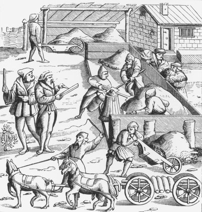 Metallien louhinta Cosmographie Universelle of Munsterin puupiirroksen jälkeen, julkaistu 1552 tekijältä German School