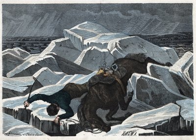 Kreivi Sandorin ja hänen hevosensa putoaminen Tonavan murtuneelle jäälle. Teoksessa "" Wenn Jemand eine Reise thut, so kann er was erzahlen"" (Kun joku matkustaa, tämän hän osaa kertoa), Franz Wiedemannin saksalainen tarina tekijältä German School