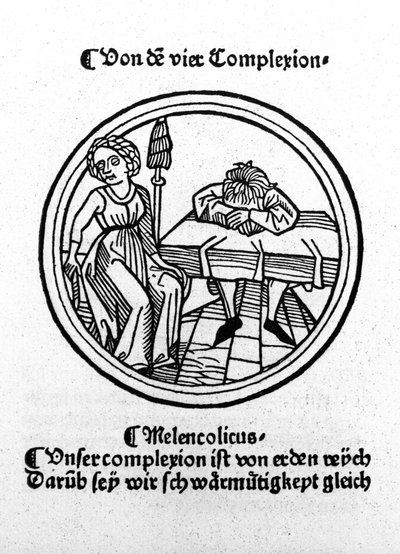 Neljä temperamenttia: melankolinen (surullinen ja masentunut). Ksylografia, Augsburg 1480. tekijältä German School
