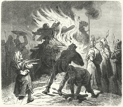 Legendaarinen Ruotsin kuningas Sigurd Hring polttaa Harald Wartoothin ruumista Bravellirin taistelun jälkeen (kaiverrus) tekijältä German School
