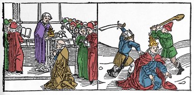 Saint Fabienin marttyyrikuolema (3. vuosisata), paavi kidutettiin sitten katkaistuna keisari Decen hallinnassa. Kaiverrus "Leben der Heiligen - sommerteil" (pyhimysten kirja) Jacobus (James) Voragine (1228-1298). Lyypekki 1488. tekijältä German School