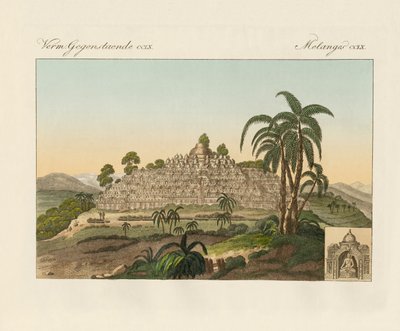 Borobudurin Buddhan temppeli Javalla (värillinen kaiverrus) tekijältä German School