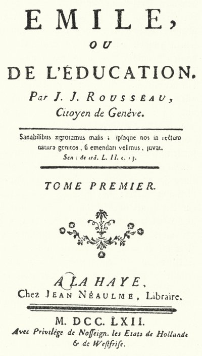 Nimisivu Jean-Jacques Rousseaun Emilen ensimmäisestä painoksesta, julkaistu vuonna 1762 (kaiverrus) tekijältä German School