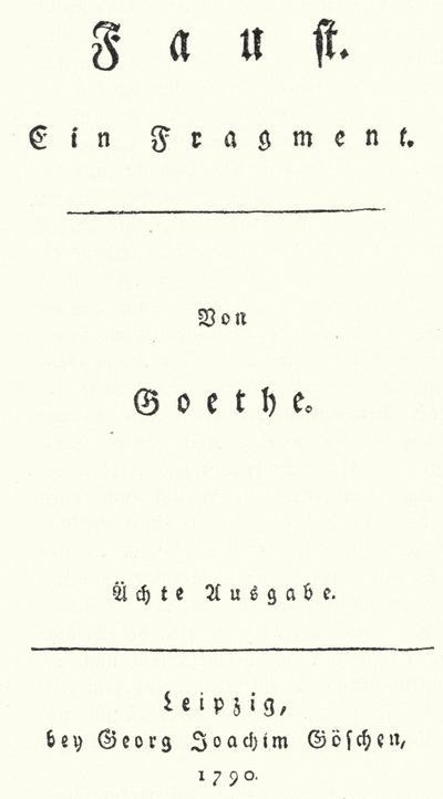 Nimisivu Faustin ensimmäisestä painoksesta, kirjoittanut Johann Wolfgang Von Goethe (kaiverrus) tekijältä German School