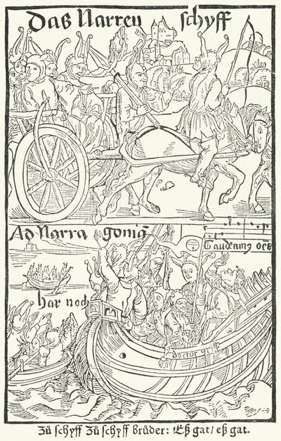 Nimisivu Sebastian Brantin Hullujen laivan ensimmäisestä painoksesta, painettu Johann Bergmann von Olpe Baselissa vuonna 1491 (kaiverrus) tekijältä German School