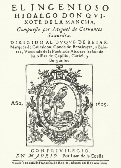 Nimisivu Miguel de Cervantesin romaanin Don Quijote ensimmäisestä painoksesta (kaiverrus) tekijältä German School