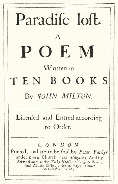 Nimisivu englantilaisen runoilijan John Miltonin vuonna 1667 julkaistusta Paradise Lost -julkaisusta (kaiverrus) tekijältä German School
