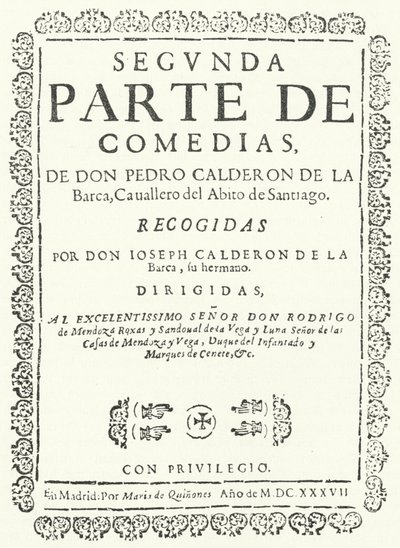 Nimisivu Comedias of Calderonin toisesta neljästä osasta, julkaistu vuonna 1637 (kaiverrus) tekijältä German School