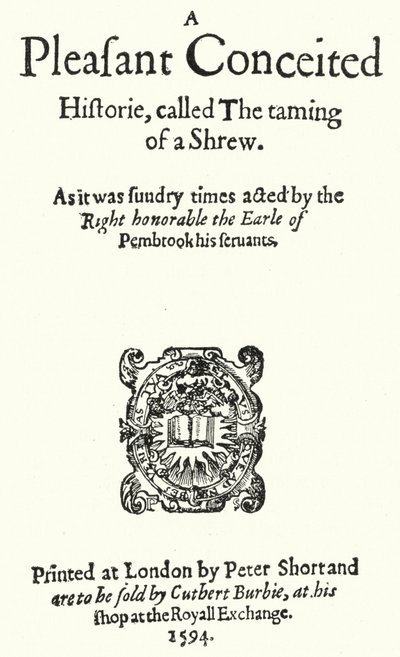 Shakespeare-komedian "The Taming of the Shrew" ensimmäisen painoksen nimisivu (kaiverrus) tekijältä German School