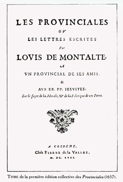 Blaise Pascalin (1623-62) Les Provincialesin nimisivu, Amsterdam, 1657 (muste paperille) tekijältä German School