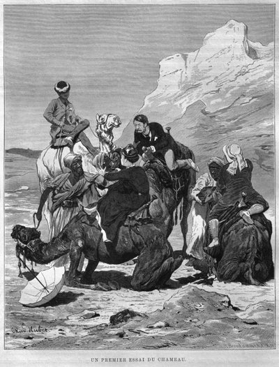 Turistit kamelien selässä, Georg Moritz Ebersin LEgypte (1837-98), 1881 (bw-kaiverrus) tekijältä German School