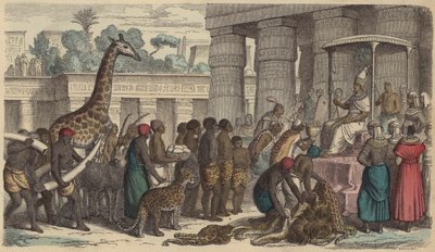 Kunnialahjoja Etiopiasta esitetään Egyptin faraolle (värillinen kaiverrus) tekijältä German School