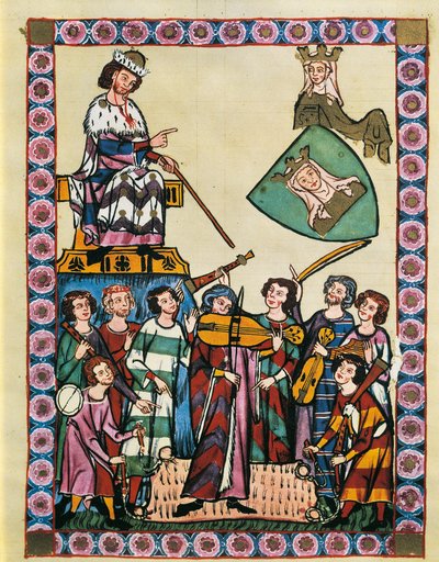Trubaduurit Saksan keisarin ja hänen hovinsa edessä, Manesse Codexista (vellum) tekijältä German School