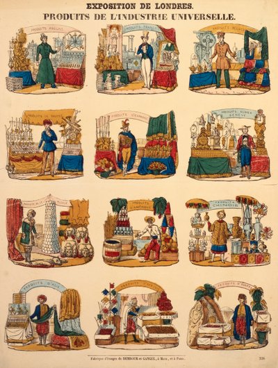 Kaksitoista näyttelyosastoa eri maista Lontoon suuressa näyttelyssä, julkaisija Dambour & Gangel, Metz, 1851 (puukaiverrus) tekijältä German School