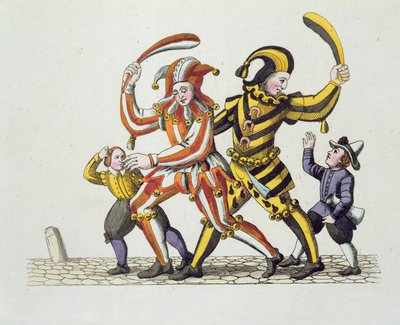 Kaksi lasten kanssa leikkivää narria, Vanhan Nürnbergin tavat ja käytännöt peleissä ja lauluissa, julkaistu uudelleen 1831 tekijältä German School