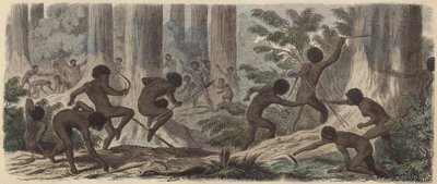 Kaksi Australian aboriginaalien heimoa taistelevat (värillinen kaiverrus) tekijältä German School