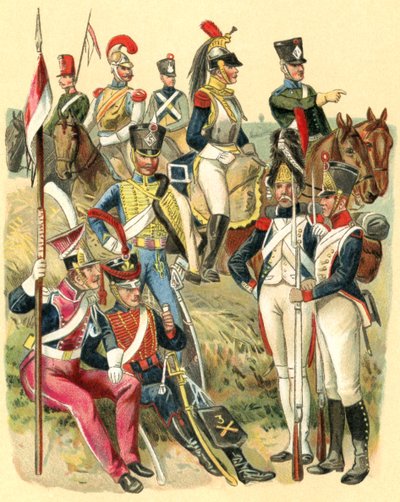 Ranskalaisten joukkojen univormut Napoleon I:n aikana, lähteestä "Meyers Lexicon", julkaisu 1930 (värilitro). tekijältä German School