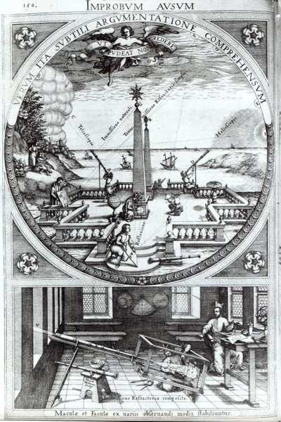 Erilaisia menetelmiä auringonpilkkujen havainnointiin, Christoph Scheinerin kuvitus Rosa Orsinalta, julkaistu 1630 (katso lisätietoja 294058) tekijältä German School