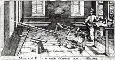 Erilaisia menetelmiä auringonpilkkujen havainnointiin, kuvitus Christoph Scheinerin Rosa Orsinasta, julkaistu 1630 (kaiverrus) (mv-valokuva) (294057 yksityiskohta) tekijältä German School