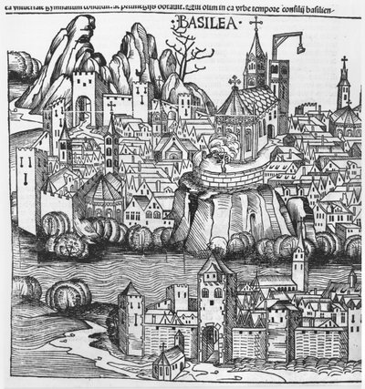 Näkymä Baselista, kuva Hartmann Schedelin (1440-1514) Nürnbergin kronikasta 1493 tekijältä German School