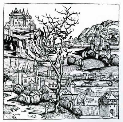 Näkymä Portugaliin Nürnbergin kronikasta 1493 (puupiirros) tekijältä German School
